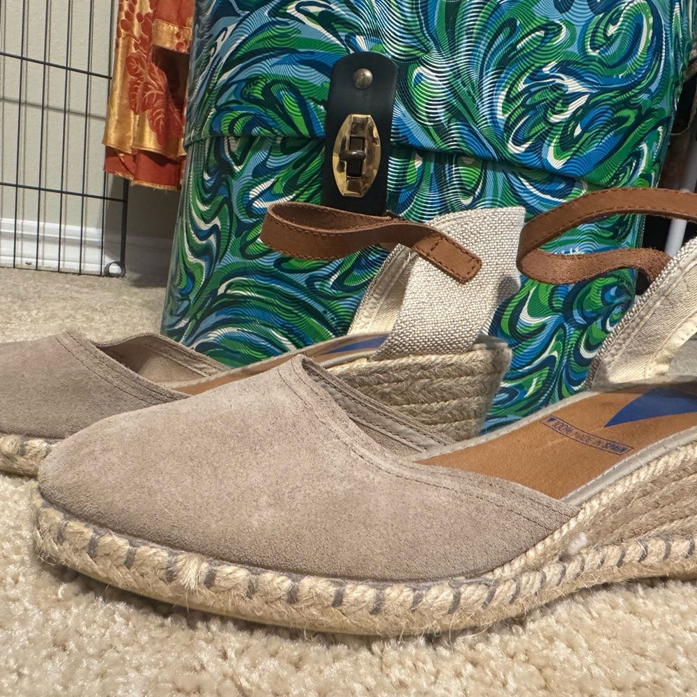 Neutral Taupe Woven Suede Wedge Ankle-Strap Sandals